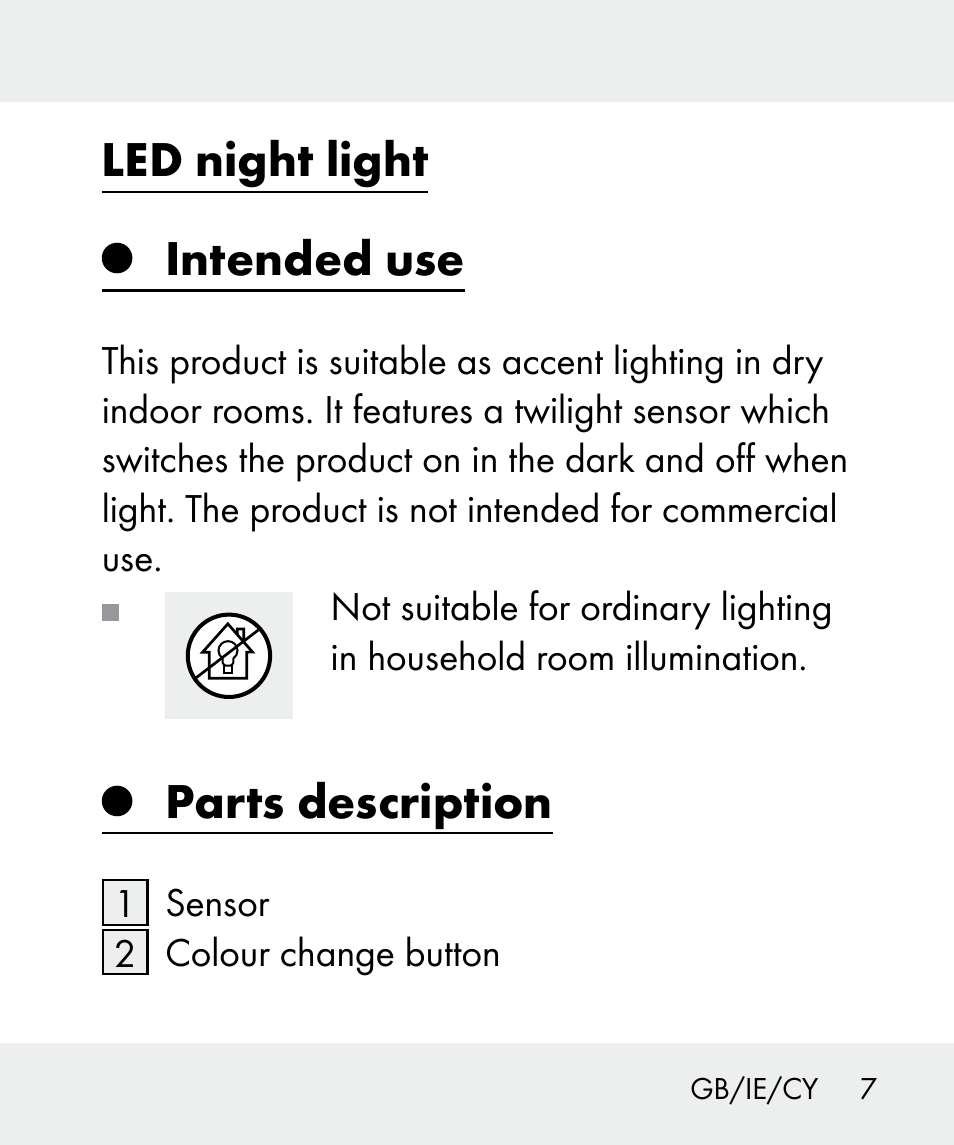 Led night light intended use, Parts description | Livarno 100933-14-04-BS User Manual | Page 7 / 27