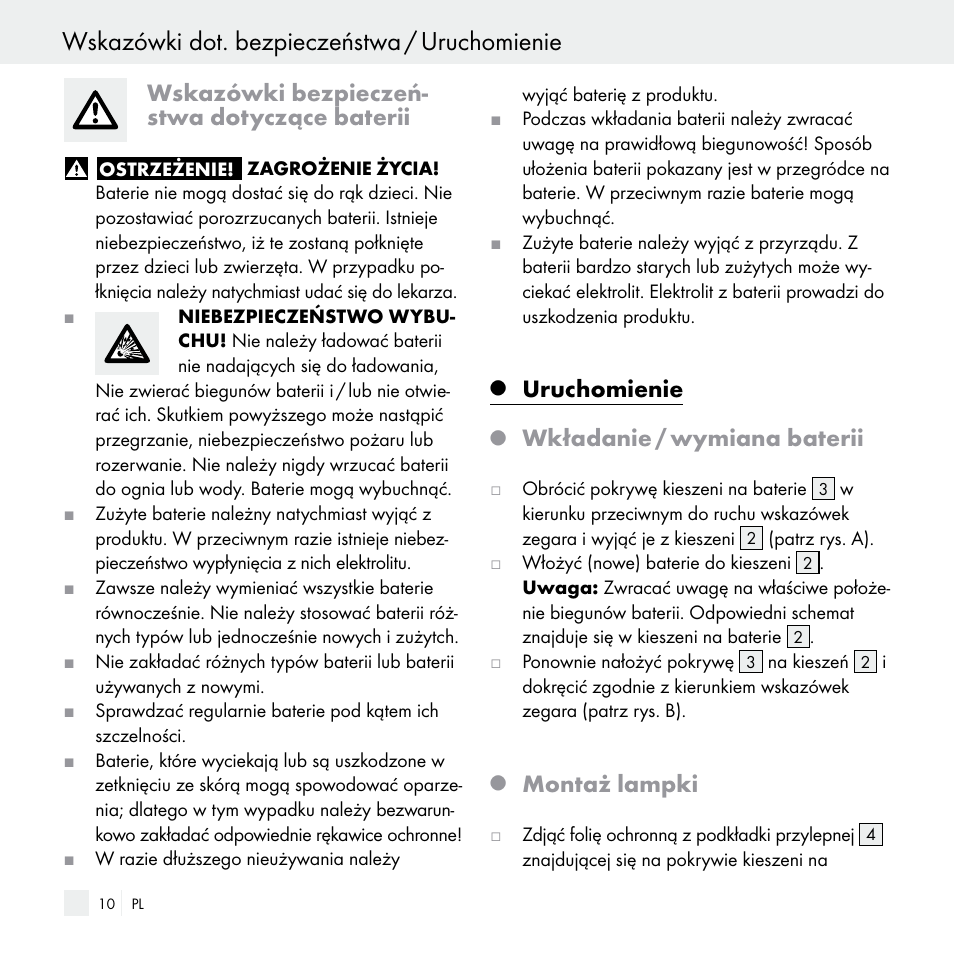 Wskazówki dot. bezpieczeństwa / uruchomienie, Wskazówki bezpieczeń- stwa dotyczące baterii, Uruchomienie | Wkładanie / wymiana baterii, Montaż lampki | Livarno Z29538 User Manual | Page 10 / 36