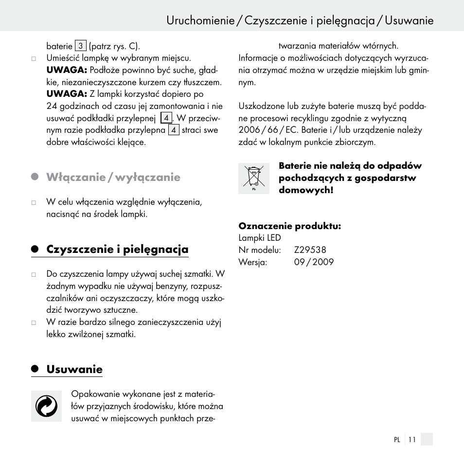 Włączanie / wyłączanie, Czyszczenie i pielęgnacja, Usuwanie | Livarno Z29538 User Manual | Page 11 / 36