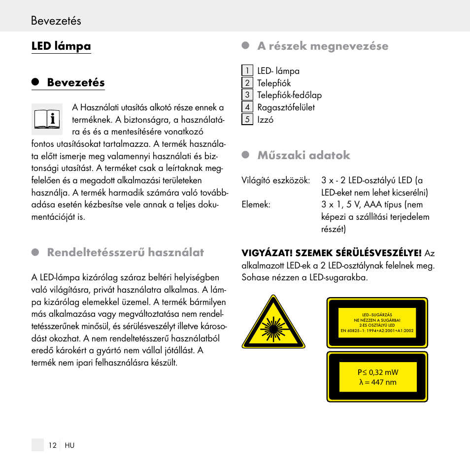 Bevezetés, Led lámpa, Rendeltetésszerű használat | A részek megnevezése, Műszaki adatok | Livarno Z29538 User Manual | Page 12 / 36