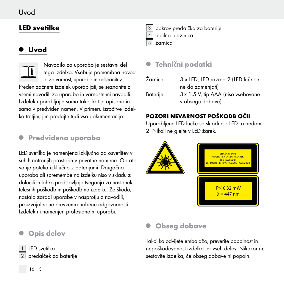 Uvod, Led svetilke, Predvidena uporaba | Opis delov, Tehnični podatki, Obseg dobave | Livarno Z29538 User Manual | Page 16 / 36
