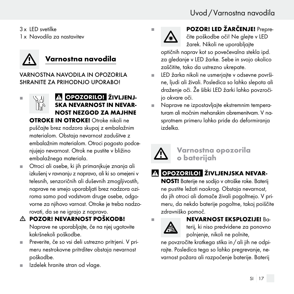 Uvod / varnostna navodila, Varnostna navodila, Varnostna opozorila o baterijah | Livarno Z29538 User Manual | Page 17 / 36