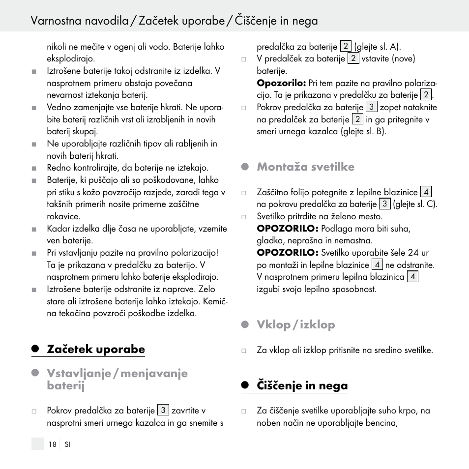 Začetek uporabe, Vstavljanje / menjavanje baterij, Montaža svetilke | Vklop / izklop, Čiščenje in nega | Livarno Z29538 User Manual | Page 18 / 36