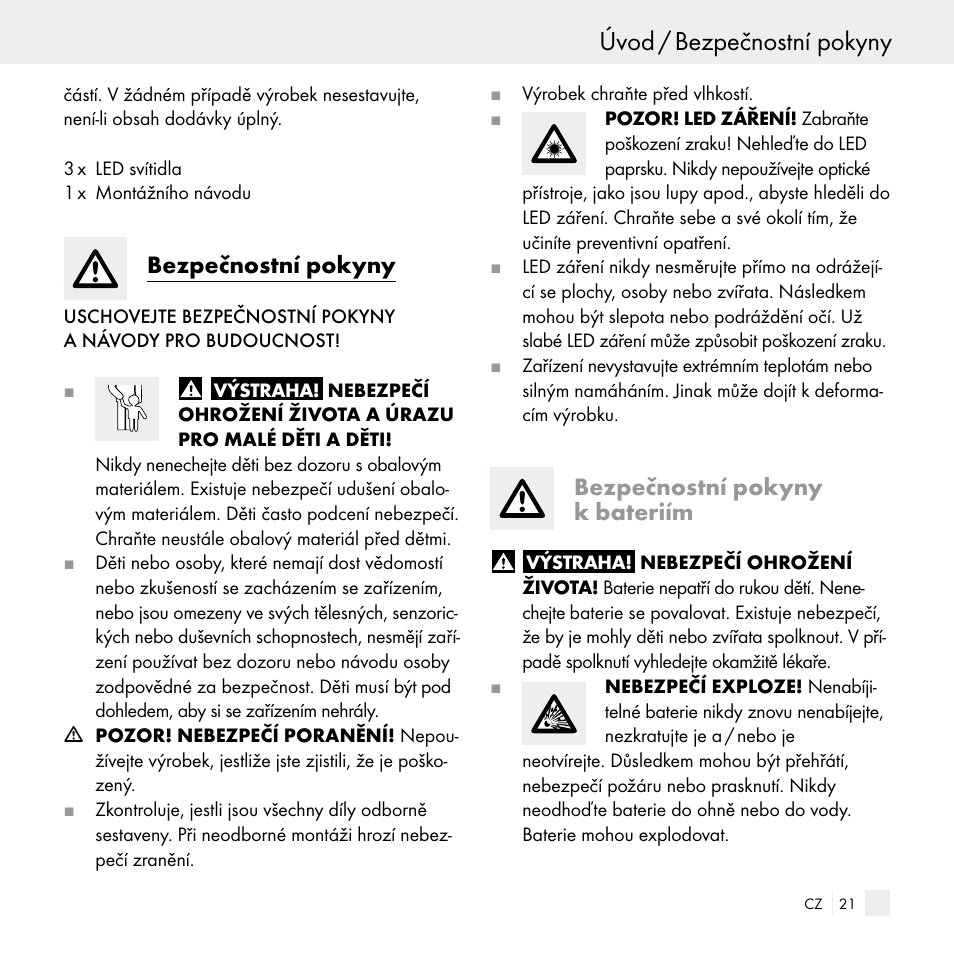 Úvod / bezpečnostní pokyny, Bezpečnostní pokyny, Bezpečnostní pokyny k bateriím | Livarno Z29538 User Manual | Page 21 / 36