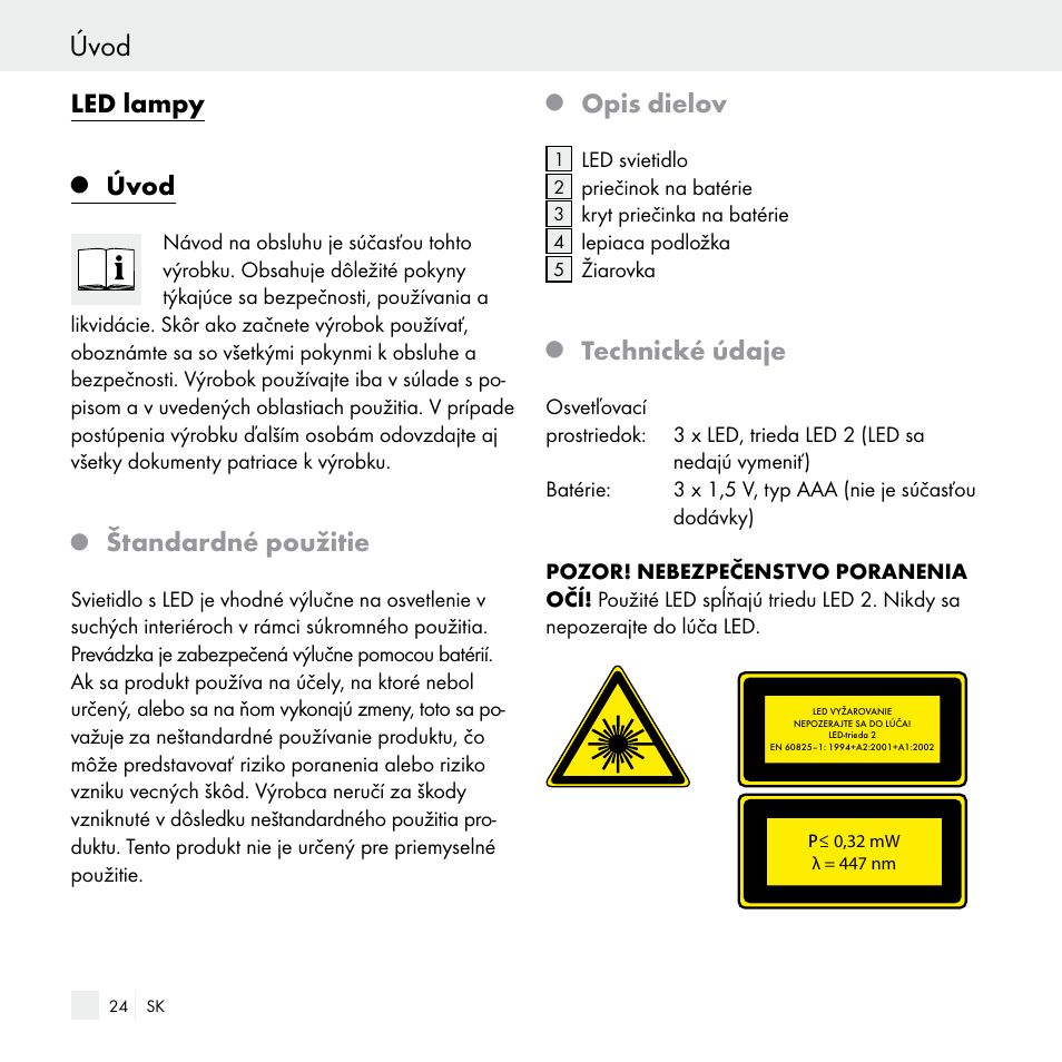 Úvod, Led lampy, Štandardné použitie | Opis dielov, Technické údaje | Livarno Z29538 User Manual | Page 24 / 36