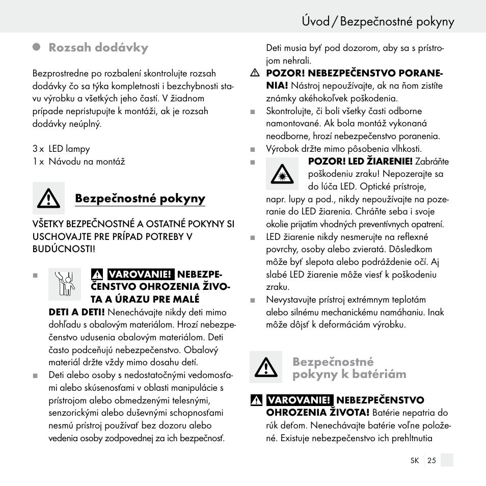 Úvod / bezpečnostné pokyny, Rozsah dodávky, Bezpečnostné pokyny | Bezpečnostné pokyny k batériám | Livarno Z29538 User Manual | Page 25 / 36