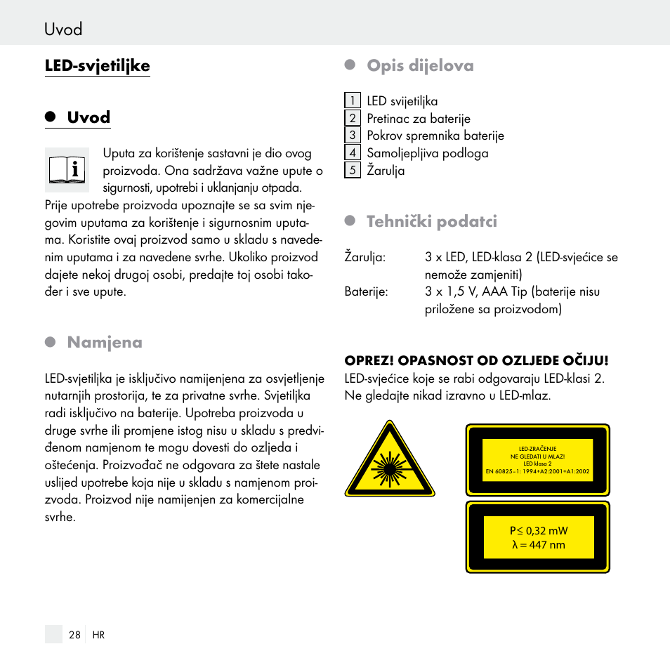 Uvod, Led-svjetiljke, Namjena | Opis dijelova, Tehnički podatci | Livarno Z29538 User Manual | Page 28 / 36