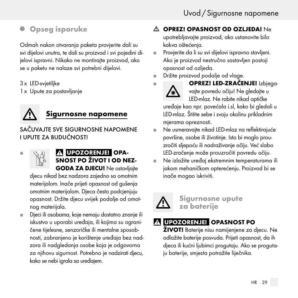 Uvod / sigurnosne napomene, Opseg isporuke, Sigurnosne napomene | Sigurnosne upute za baterije | Livarno Z29538 User Manual | Page 29 / 36