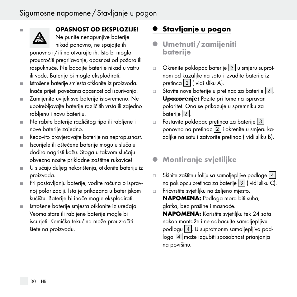 Sigurnosne napomene / stavljanje u pogon, Stavljanje u pogon, Umetnuti / zamijeniti baterije | Montiranje svjetiljke | Livarno Z29538 User Manual | Page 30 / 36