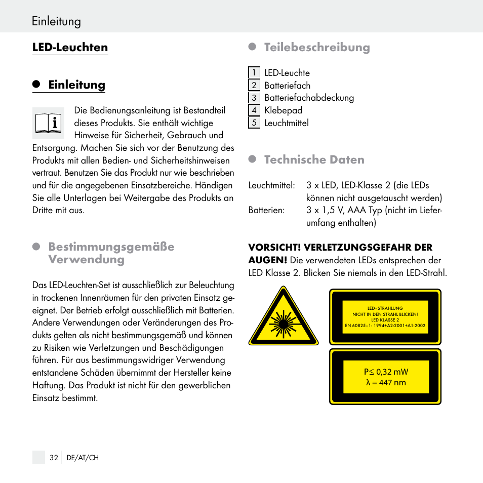Einleitung, Led-leuchten, Bestimmungsgemäße verwendung | Teilebeschreibung, Technische daten | Livarno Z29538 User Manual | Page 32 / 36