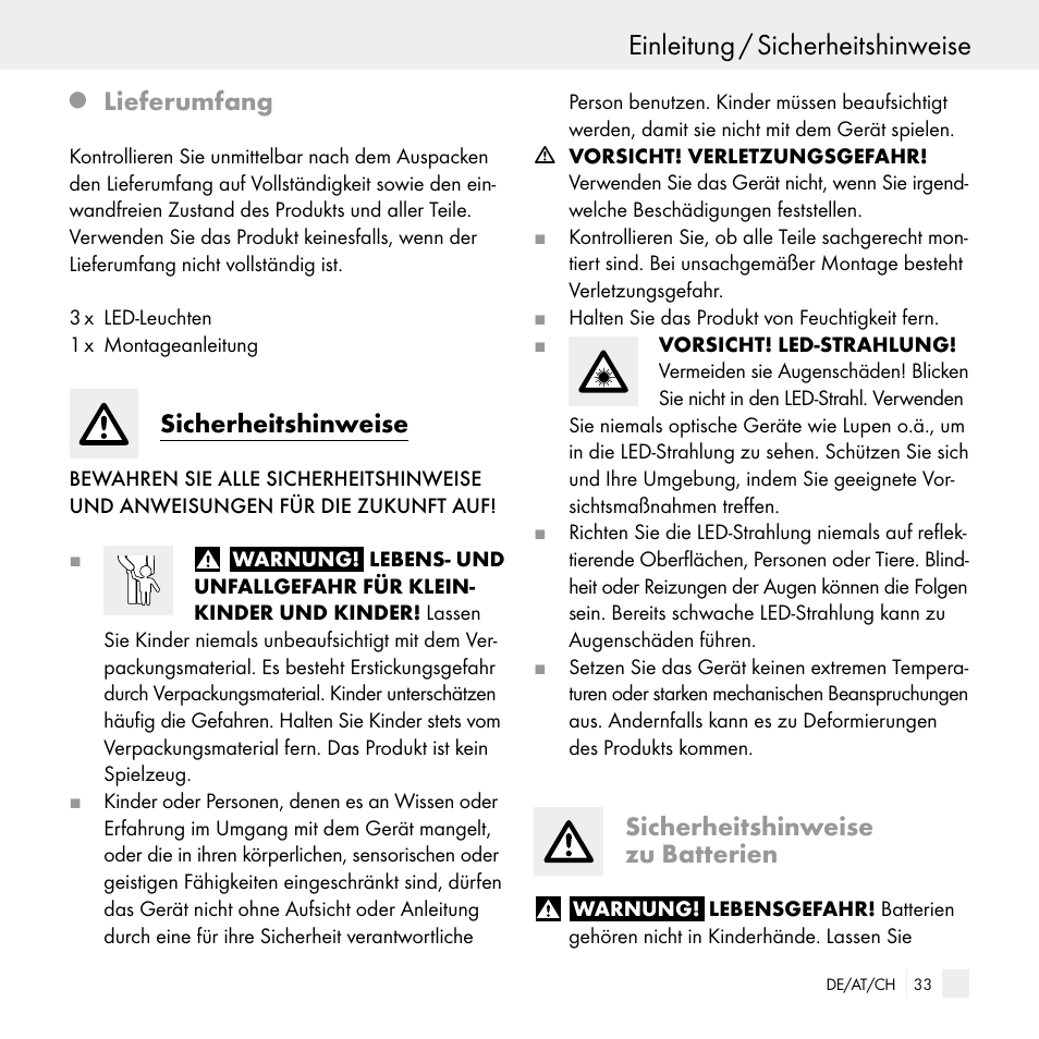 Einleitung / sicherheitshinweise, Lieferumfang, Sicherheitshinweise | Sicherheitshinweise zu batterien | Livarno Z29538 User Manual | Page 33 / 36