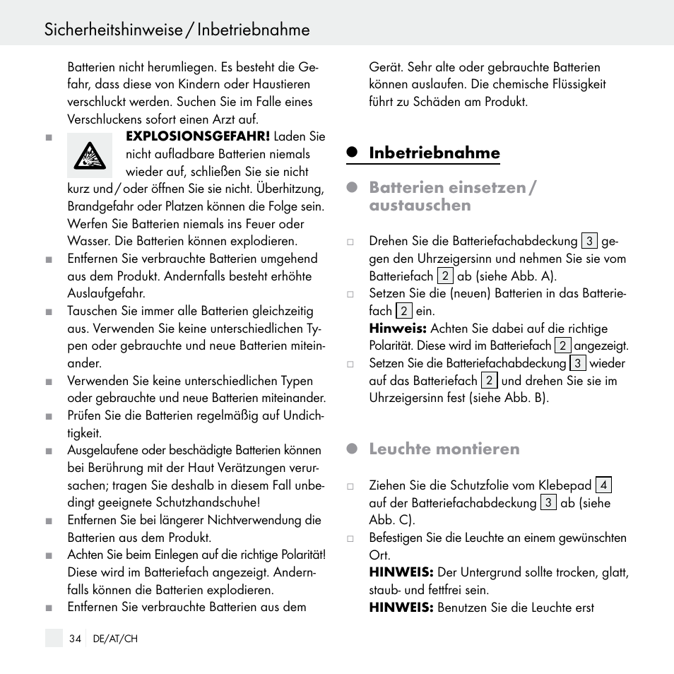 Sicherheitshinweise / inbetriebnahme, Inbetriebnahme, Batterien einsetzen / austauschen | Leuchte montieren | Livarno Z29538 User Manual | Page 34 / 36