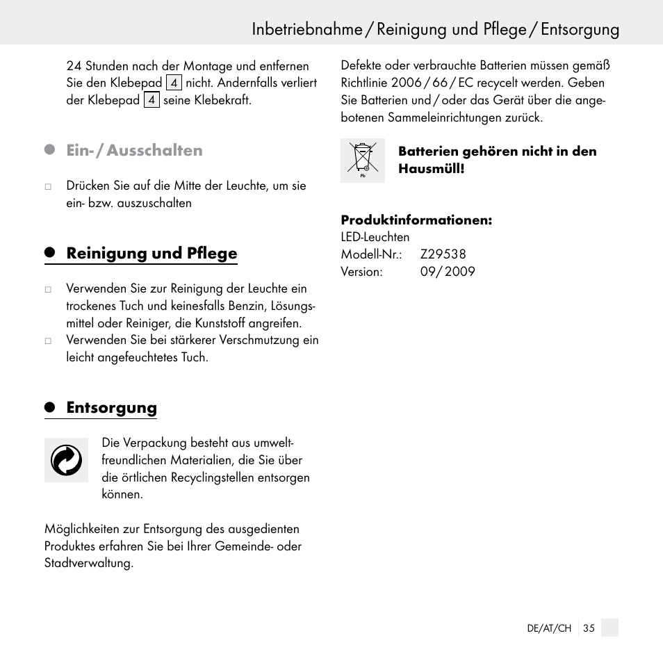 Inbetriebnahme / reinigung und pflege / entsorgung, Ein- / ausschalten, Reinigung und pflege | Entsorgung | Livarno Z29538 User Manual | Page 35 / 36