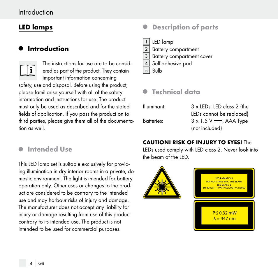 Introduction, Led lamps, Intended use | Description of parts, Technical data | Livarno Z29538 User Manual | Page 4 / 36