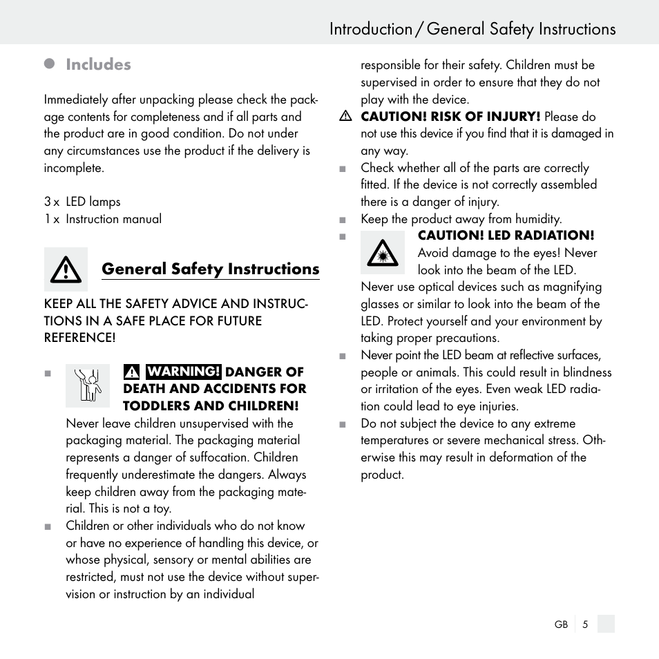 Introduction / general safety instructions, Includes, General safety instructions | Livarno Z29538 User Manual | Page 5 / 36