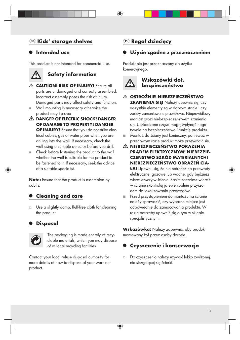 Kids’ storage shelves, Intended use, Safety information | Cleaning and care, Disposal, Regał dziecięcy, Użycie zgodne z przeznaczeniem, Wskazówki dot. bezpieczeństwa, Czyszczenie i konserwacja | Livarno Z31593A / Z31593B User Manual | Page 3 / 12
