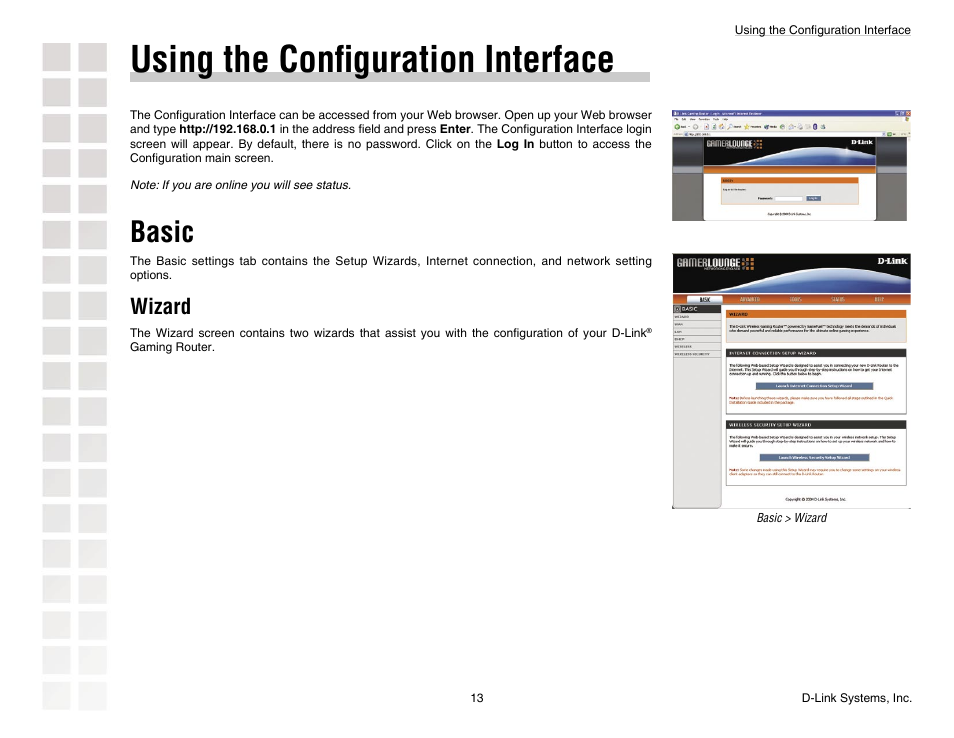 Using the conﬁguration interface, Basic, Wizard | D-Link DGL-4300 User Manual | Page 13 / 74
