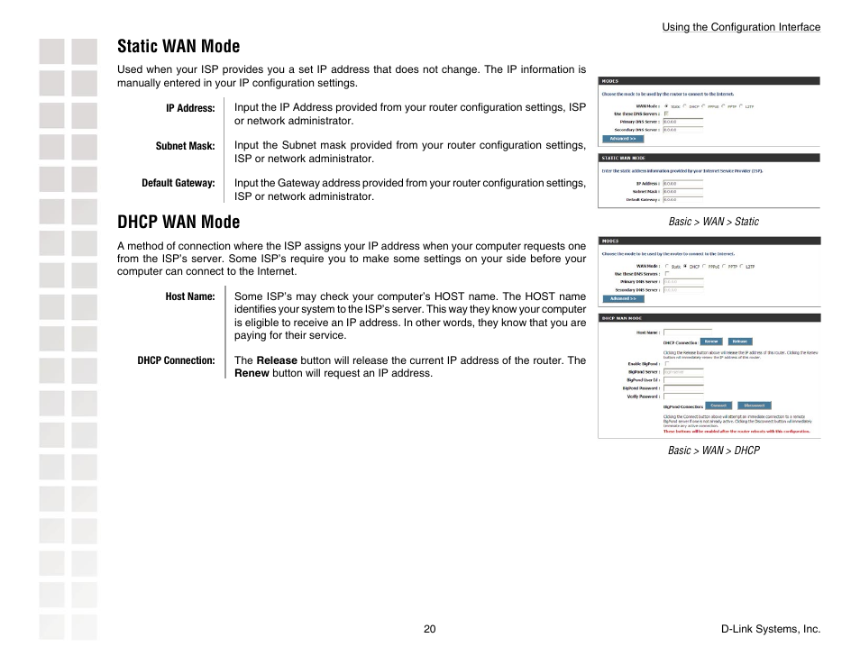 Static wan mode, Dhcp wan mode | D-Link DGL-4300 User Manual | Page 20 / 74