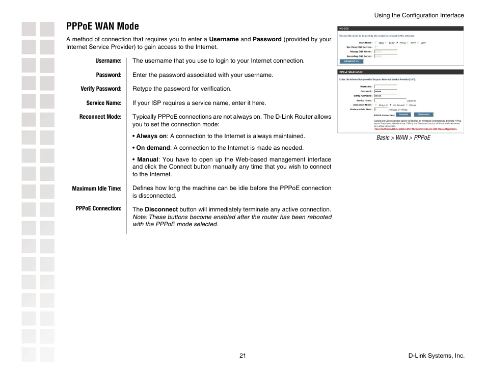 Pppoe wan mode | D-Link DGL-4300 User Manual | Page 21 / 74