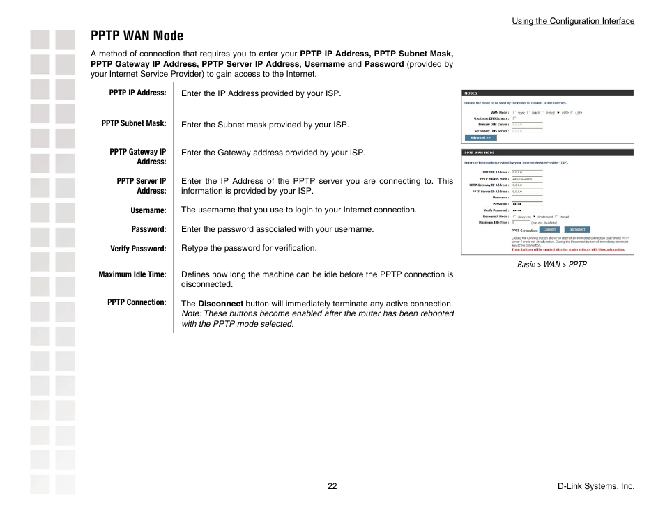 Pptp wan mode | D-Link DGL-4300 User Manual | Page 22 / 74