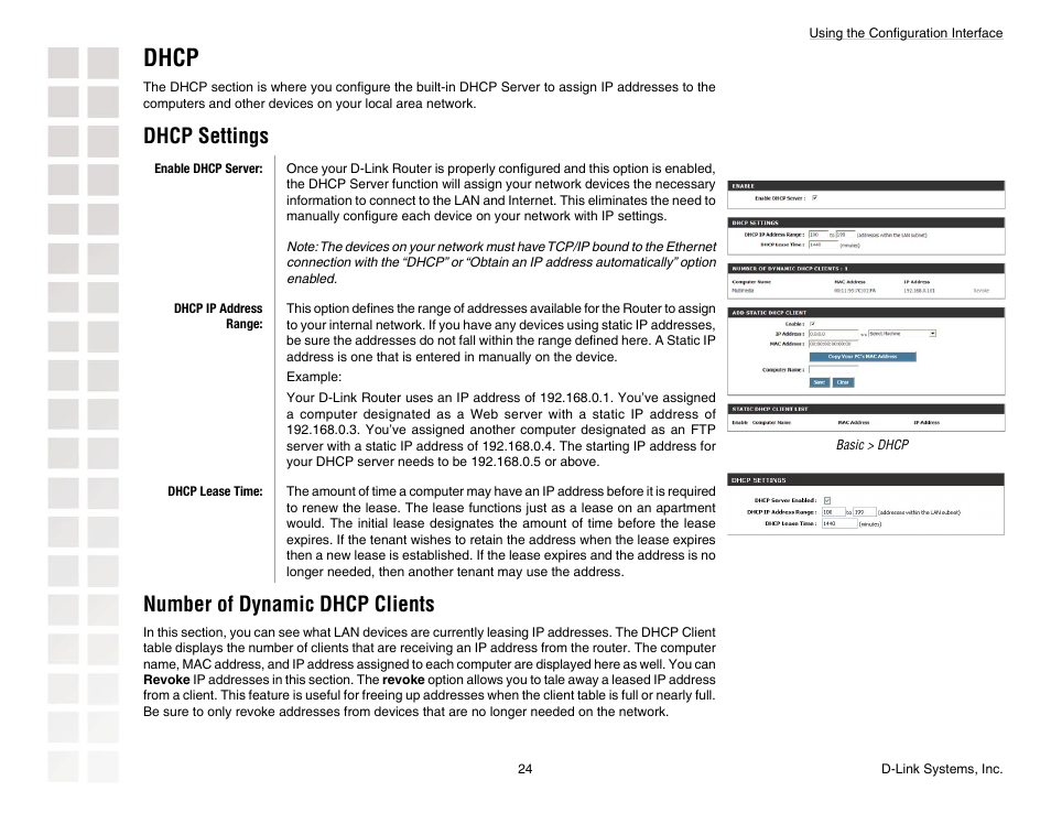 Dhcp, Dhcp settings, Number of dynamic dhcp clients | D-Link DGL-4300 User Manual | Page 24 / 74