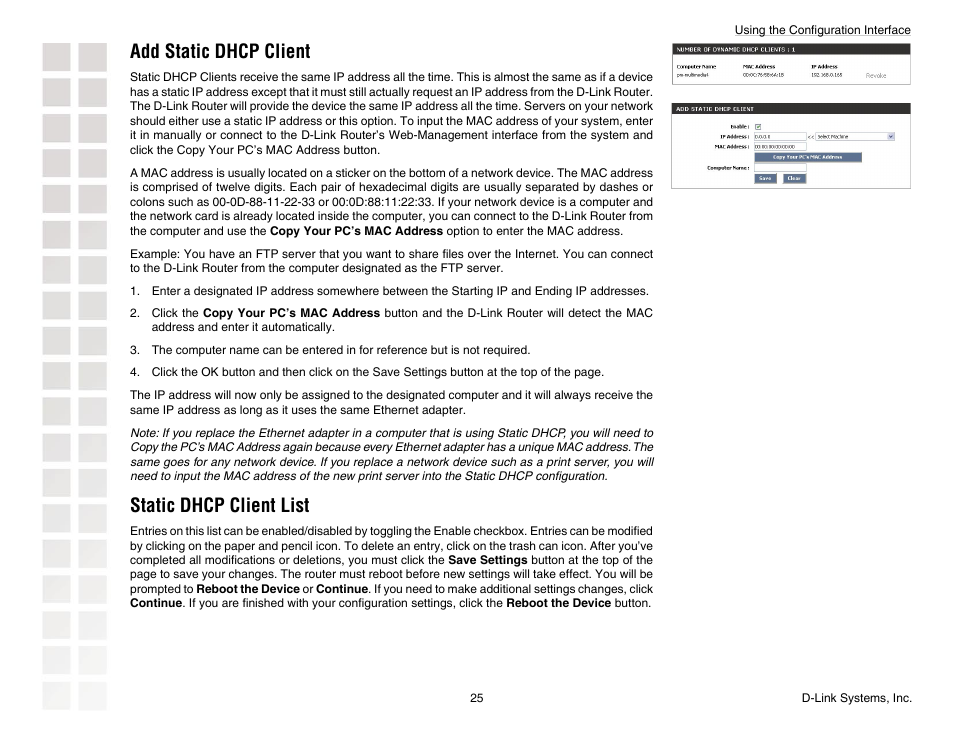 Add static dhcp client, Static dhcp client list | D-Link DGL-4300 User Manual | Page 25 / 74