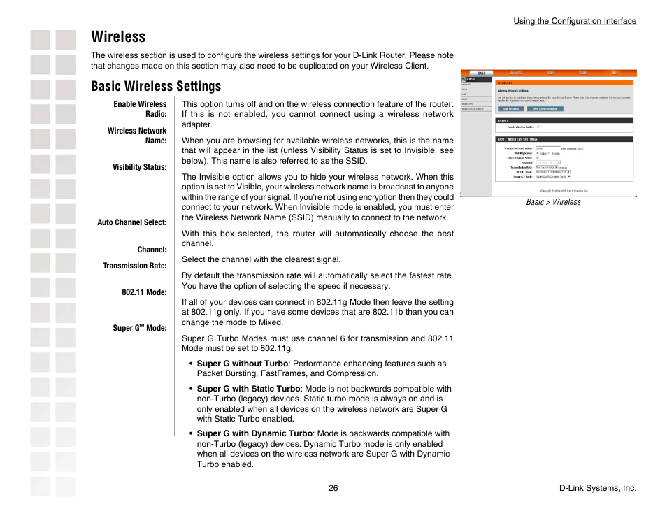 Wireless, Basic wireless settings | D-Link DGL-4300 User Manual | Page 26 / 74