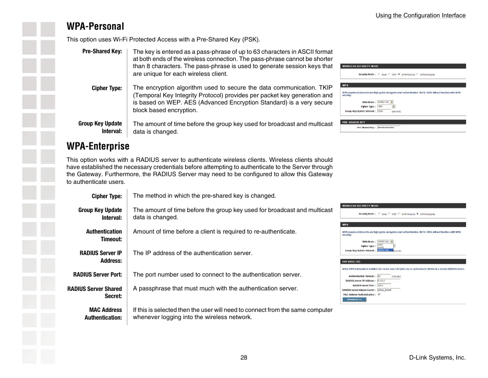 Wpa-personal, Wpa-enterprise | D-Link DGL-4300 User Manual | Page 28 / 74