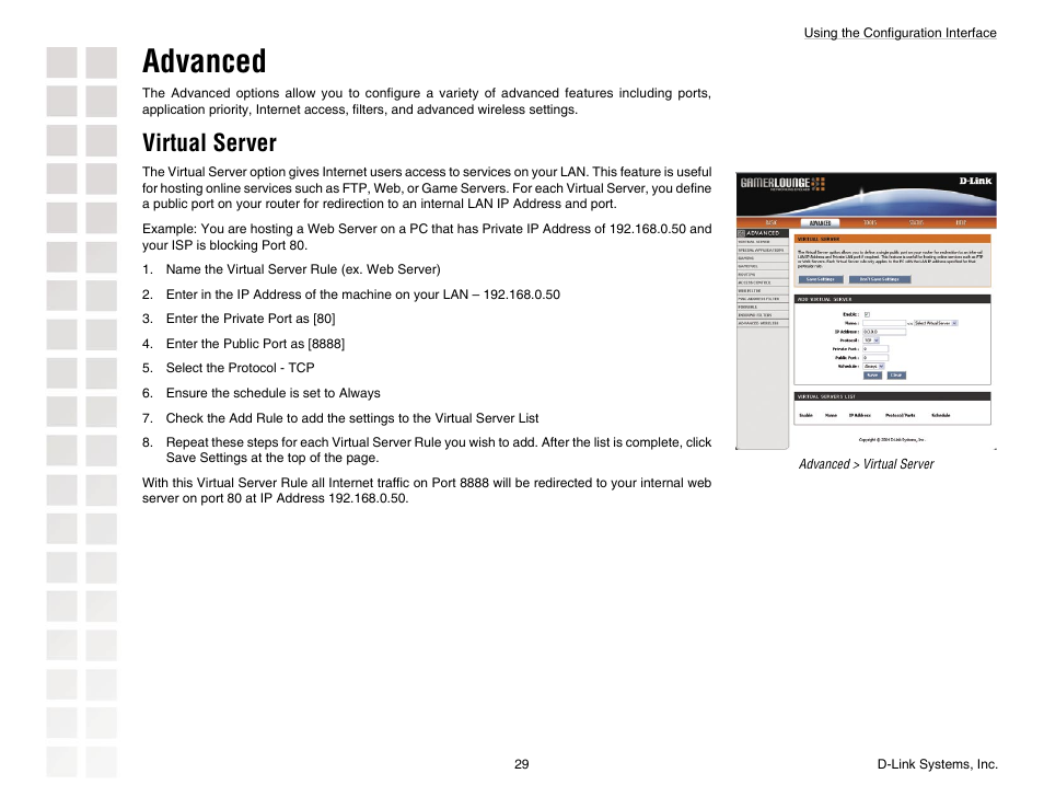 Advanced, Virtual server | D-Link DGL-4300 User Manual | Page 29 / 74