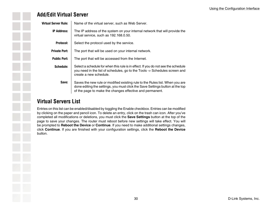 Add/edit virtual server, Virtual servers list | D-Link DGL-4300 User Manual | Page 30 / 74