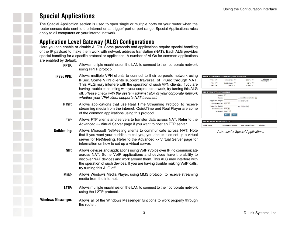 Special applications, Application level gateway (alg) conﬁgurations | D-Link DGL-4300 User Manual | Page 31 / 74