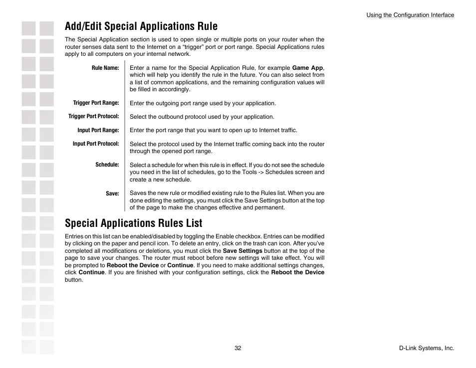 Add/edit special applications rule, Special applications rules list | D-Link DGL-4300 User Manual | Page 32 / 74