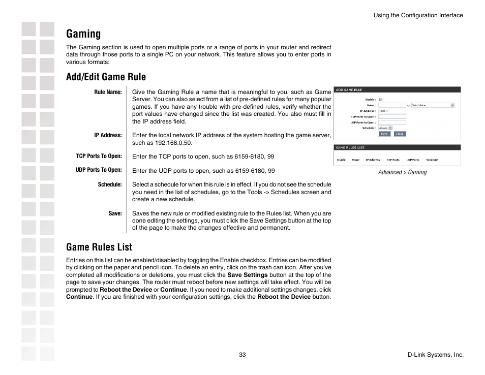 Gaming, Add/edit game rule, Game rules list | D-Link DGL-4300 User Manual | Page 33 / 74