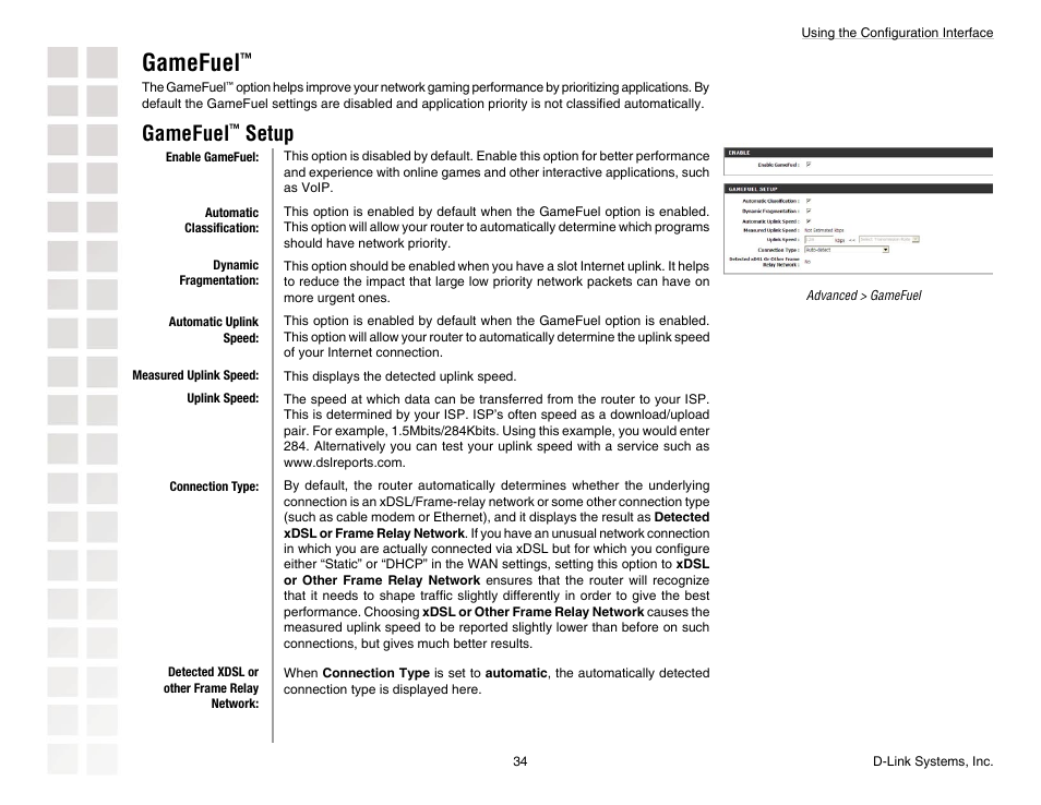 Gamefuel, Setup | D-Link DGL-4300 User Manual | Page 34 / 74