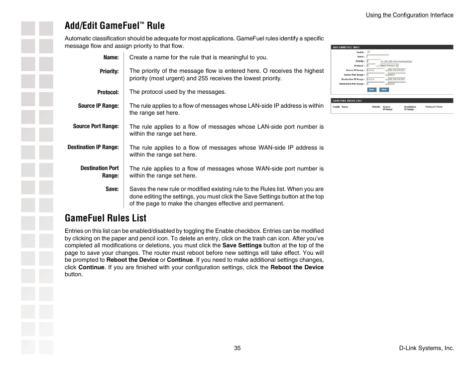 Add/edit gamefuel, Rule, Gamefuel rules list | D-Link DGL-4300 User Manual | Page 35 / 74
