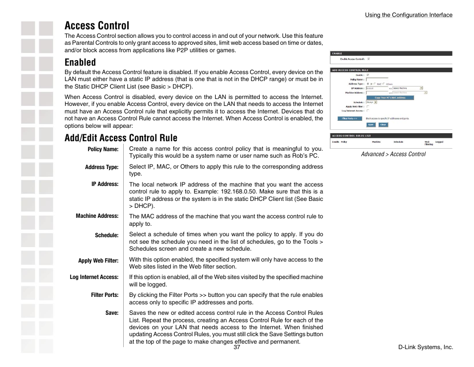 Access control, Enabled, Add/edit access control rule | D-Link DGL-4300 User Manual | Page 37 / 74