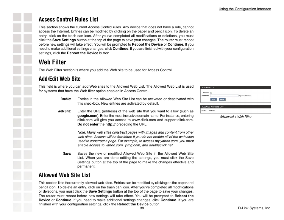 Web filter, Access control rules list, Add/edit web site | Allowed web site list | D-Link DGL-4300 User Manual | Page 38 / 74