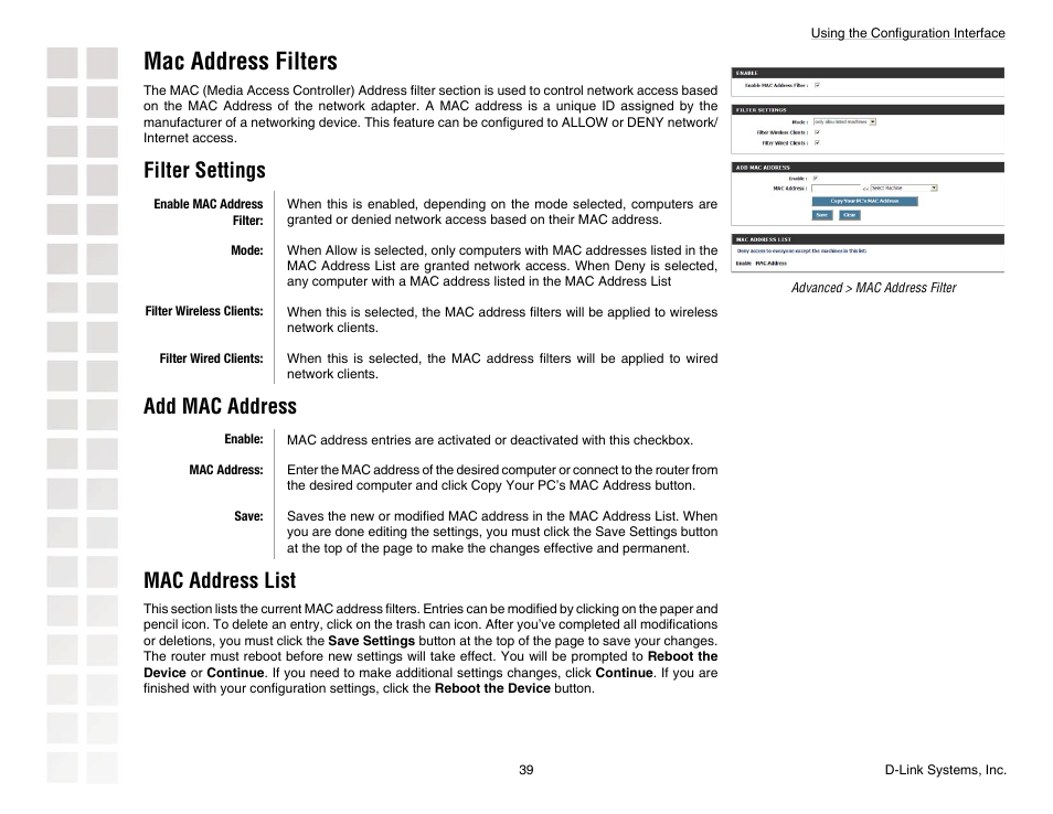 Mac address filters, Filter settings, Add mac address | Mac address list | D-Link DGL-4300 User Manual | Page 39 / 74