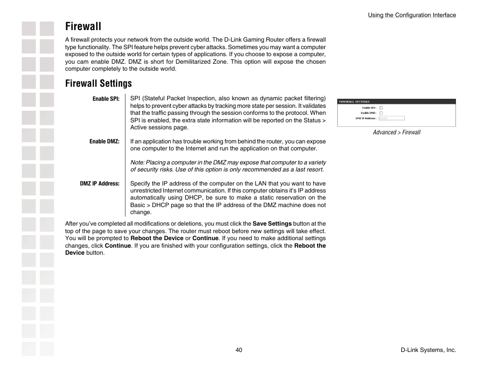 Firewall, Firewall settings | D-Link DGL-4300 User Manual | Page 40 / 74