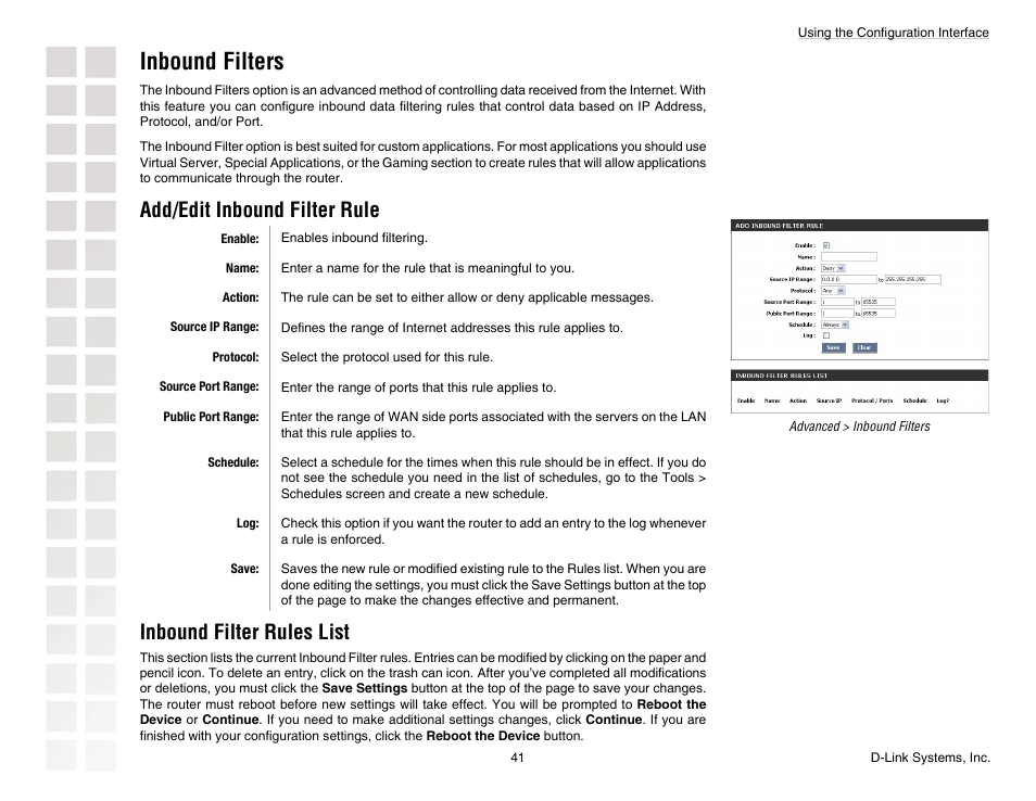Inbound filters, Add/edit inbound filter rule, Inbound filter rules list | D-Link DGL-4300 User Manual | Page 41 / 74