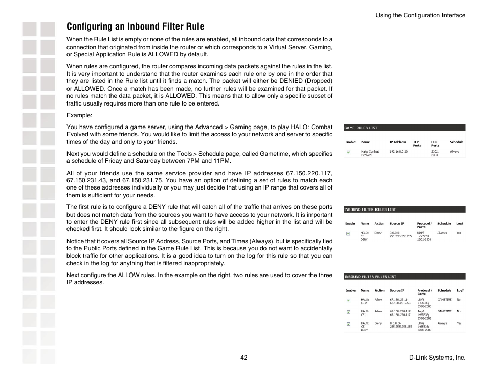 Conﬁguring an inbound filter rule | D-Link DGL-4300 User Manual | Page 42 / 74