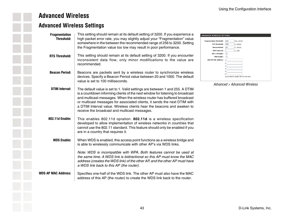 Advanced wireless, Advanced wireless settings | D-Link DGL-4300 User Manual | Page 43 / 74