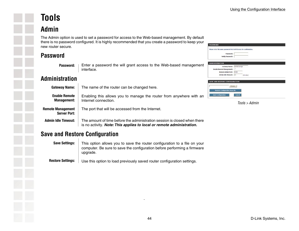 Tools, Admin, Password | Administration, Save and restore conﬁguration | D-Link DGL-4300 User Manual | Page 44 / 74