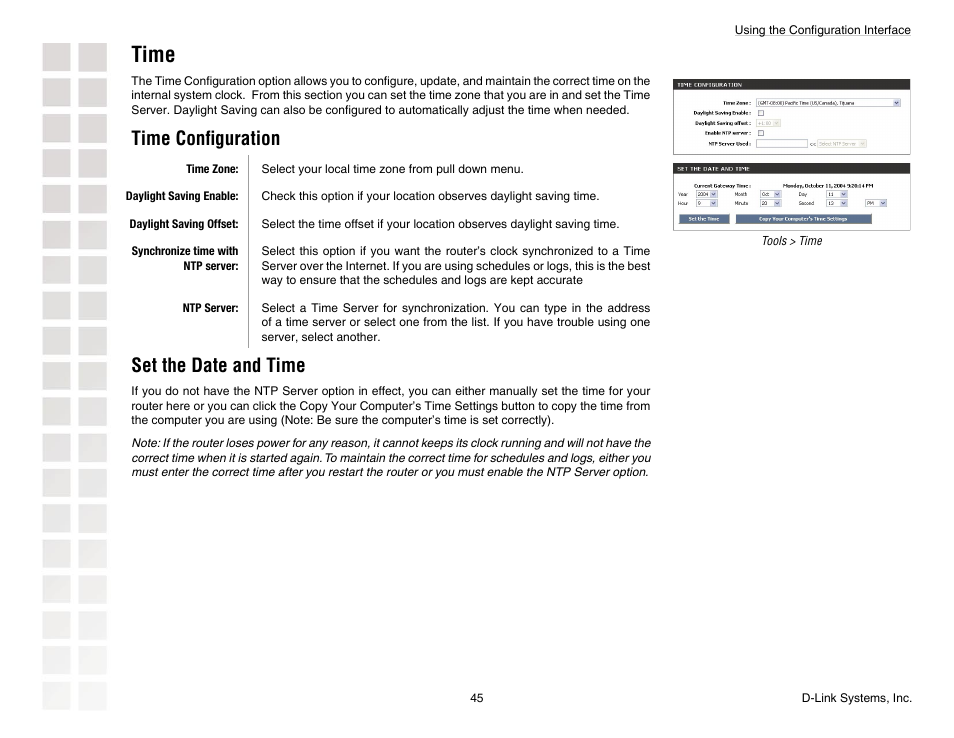 Time, Time conﬁguration, Set the date and time | D-Link DGL-4300 User Manual | Page 45 / 74