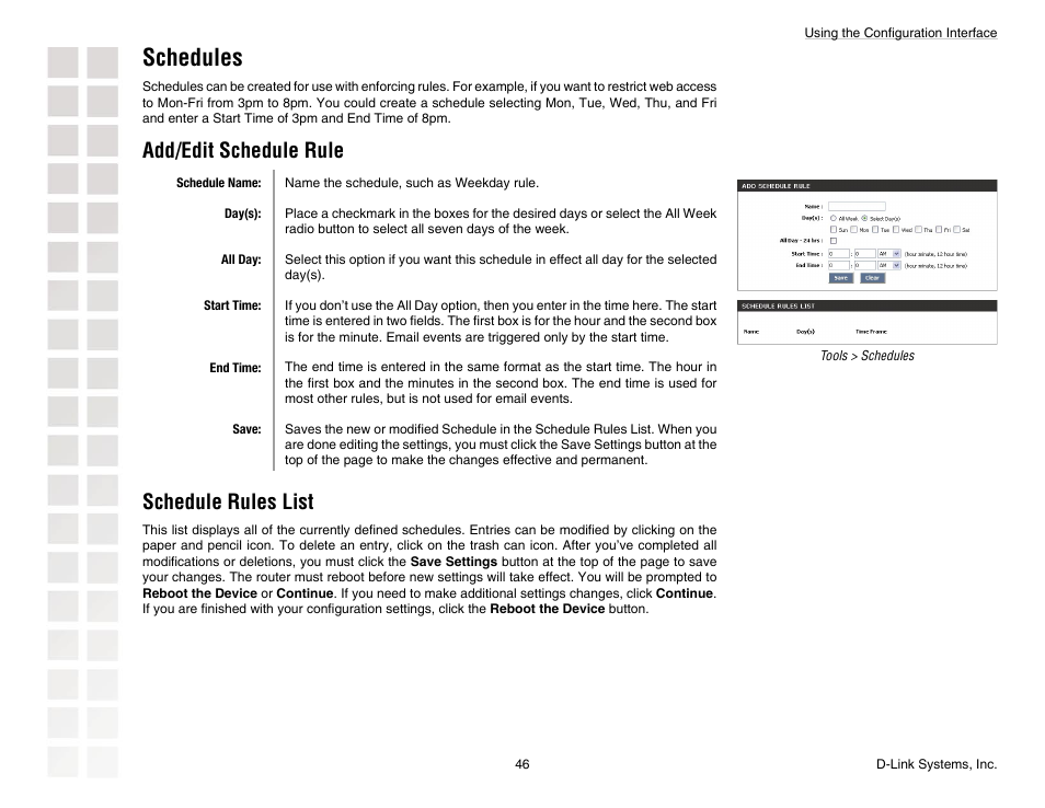 Schedules, Add/edit schedule rule, Schedule rules list | D-Link DGL-4300 User Manual | Page 46 / 74