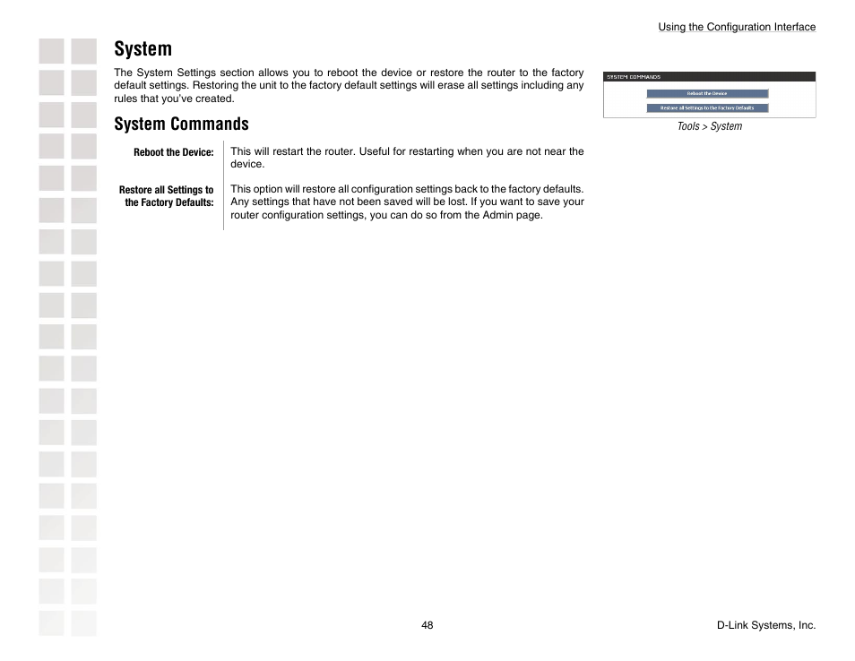 System, System commands | D-Link DGL-4300 User Manual | Page 48 / 74
