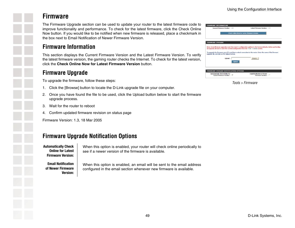 Firmware, Firmware information, Firmware upgrade | Firmware upgrade notiﬁcation options | D-Link DGL-4300 User Manual | Page 49 / 74