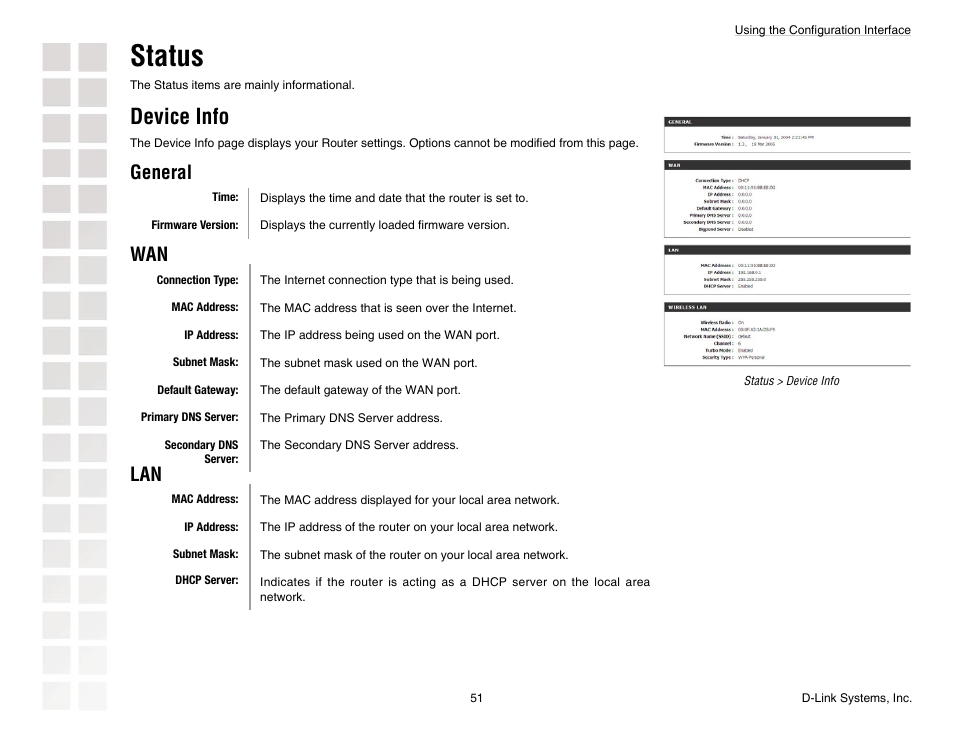 Status, Device info, General | D-Link DGL-4300 User Manual | Page 51 / 74