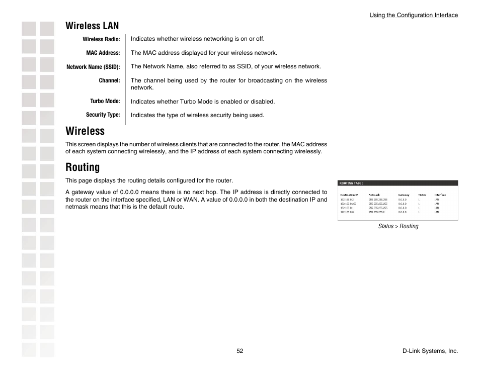 Wireless, Routing, Wireless lan | D-Link DGL-4300 User Manual | Page 52 / 74