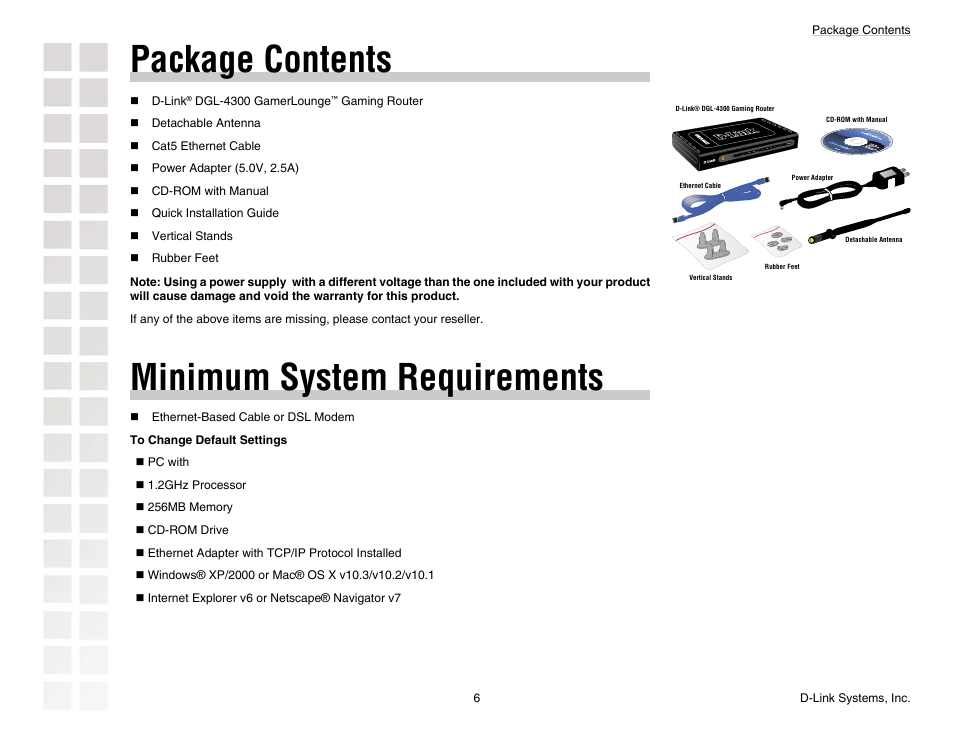 Package contents, Minimum system requirements | D-Link DGL-4300 User Manual | Page 6 / 74